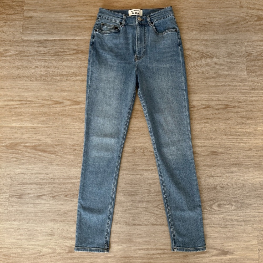 reformation medium blue barbados wash high waisted rise skinny leg denim jeans
